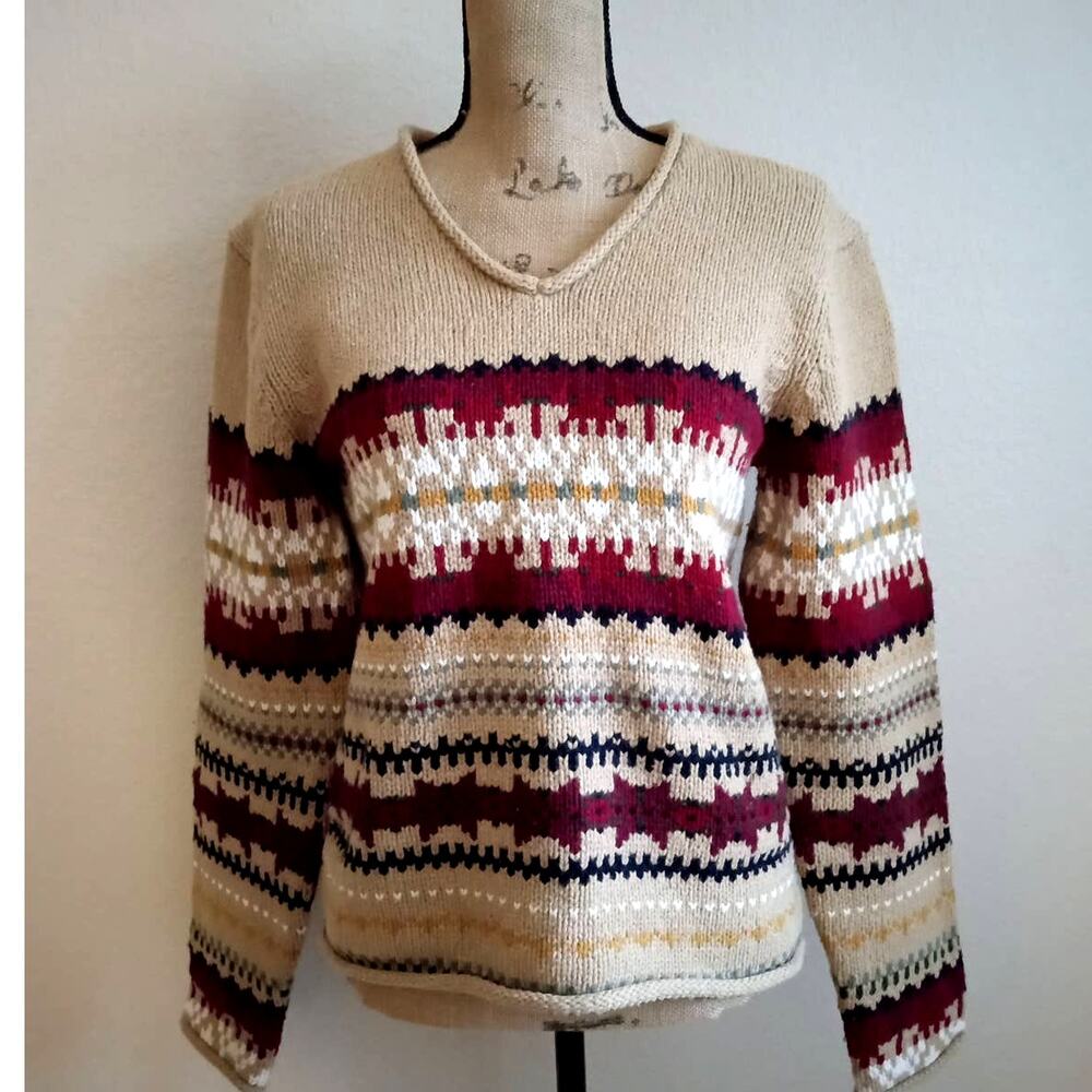 Langents Beige Multi Color Cotton V Neck Sweater L
